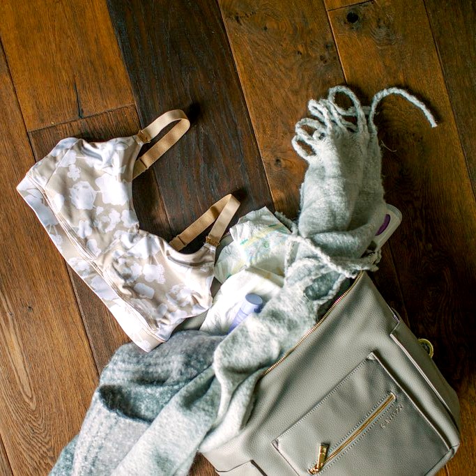 Diaper bag with blanket and ollie gray nursing bra