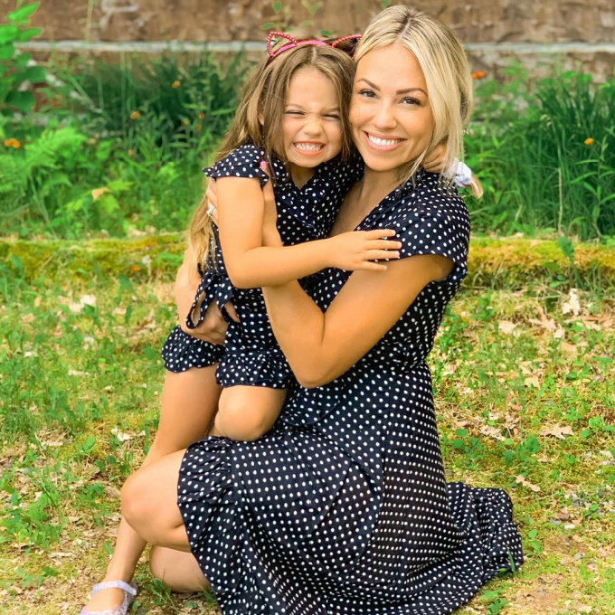 Mom and Daughter wearing matching polka dot dresses