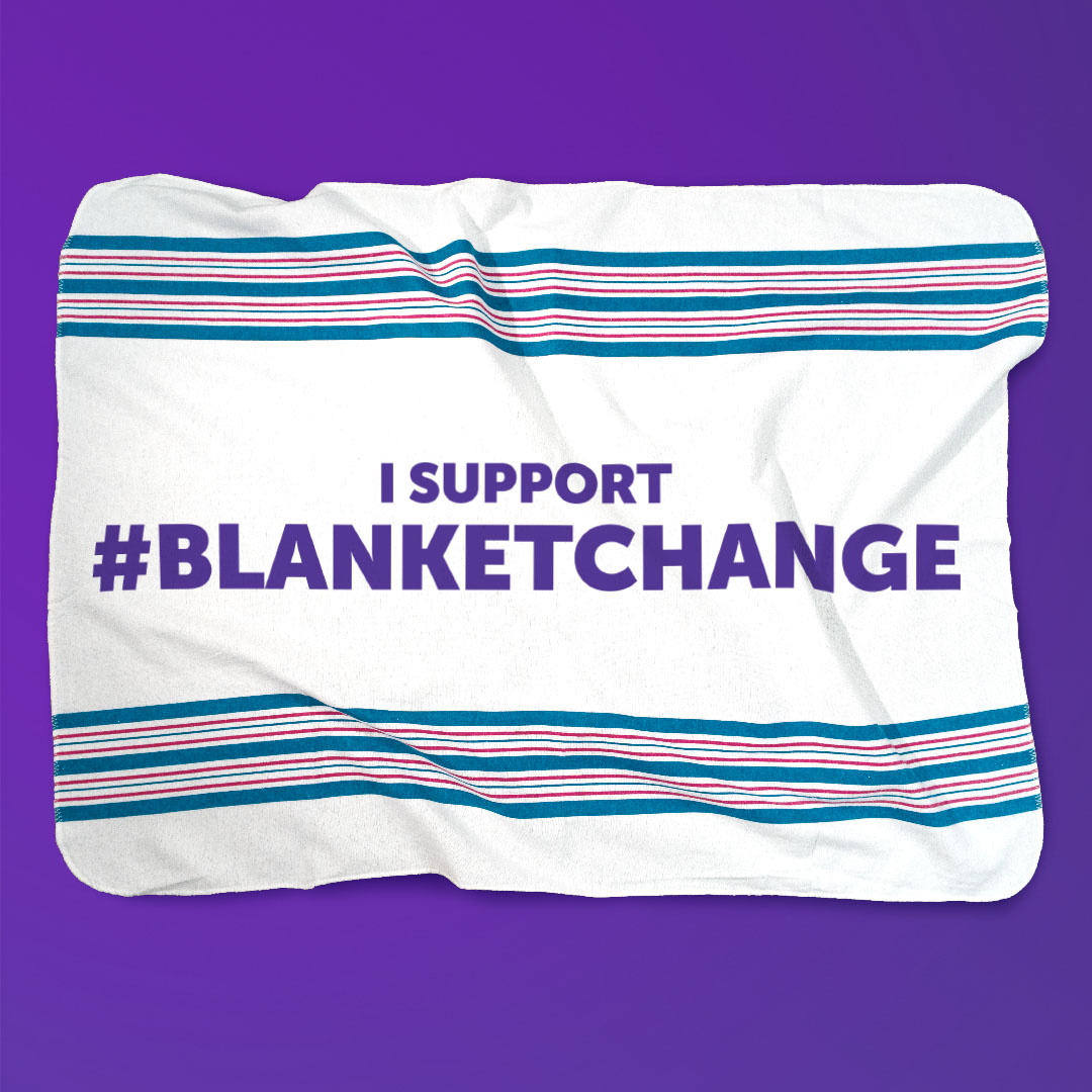 Baby blanket on a purple background with text "I support #BlanketChange"