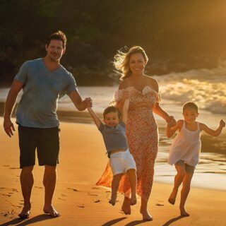 Family of four - dad, mom, son, and daughter - on the beach running by the surf.