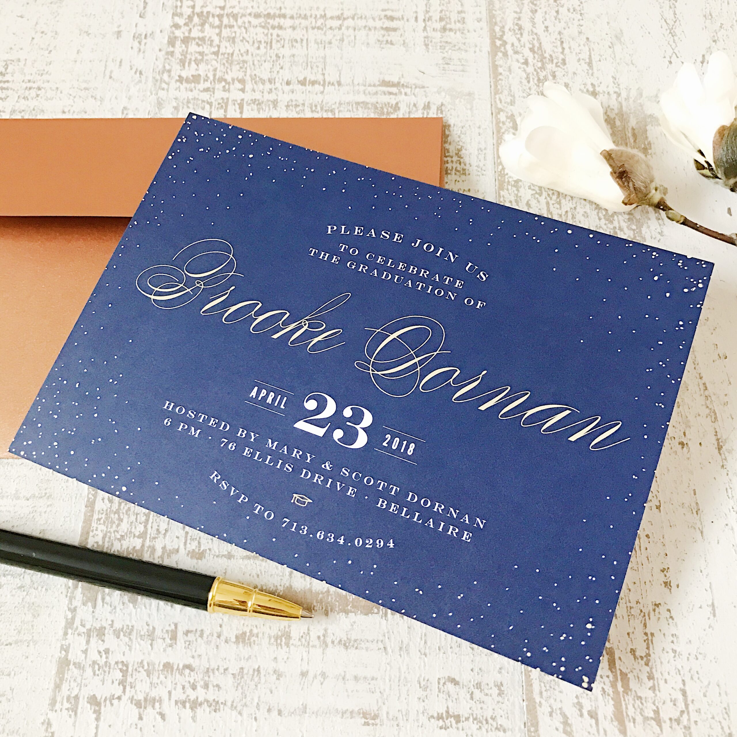 Blue Graduation Invite with white words.