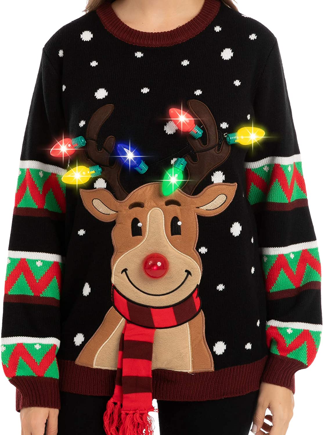 Ugly Christmas Sweater with a light-up reindeer.